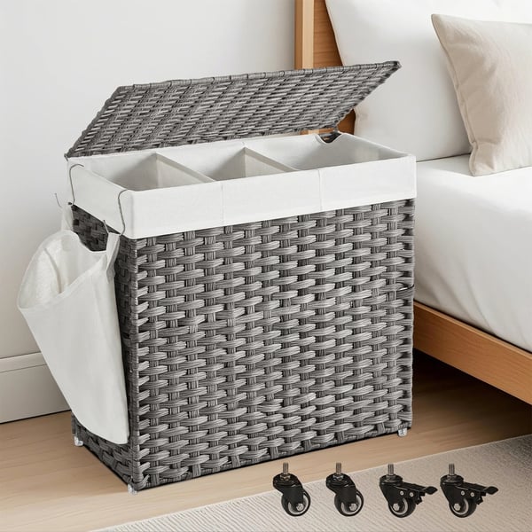 SONGMICS tvättkorg med lock, 140 l, tvättsorterare med hjul