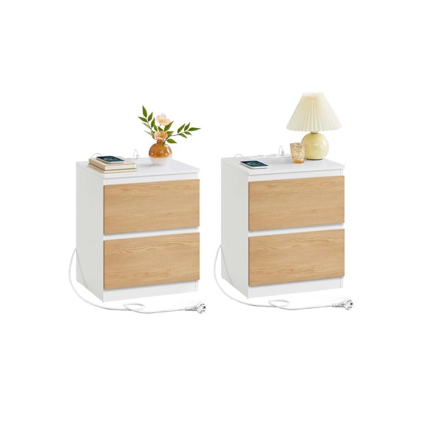 VASAGLE nattduksbord, 2-pack med uttag och lådor, mandelgul