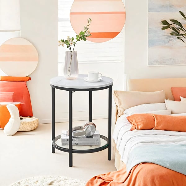 VASAGLE Sidebord 2 niveauer i hvid marmorlook med sort stel