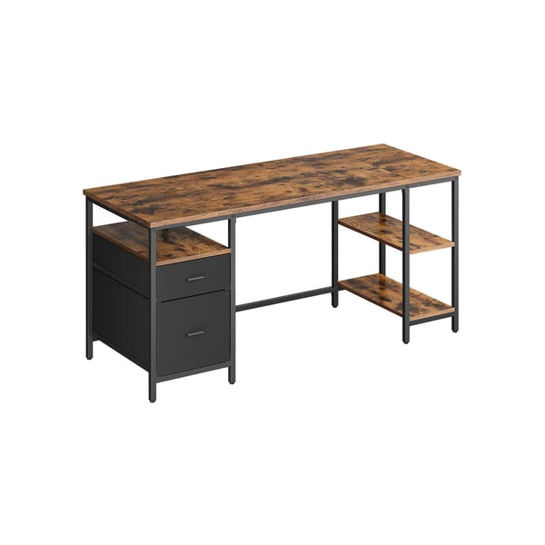 VASAGLE computerbord med 3 hylder og 2 skuffer vintage brun-sort