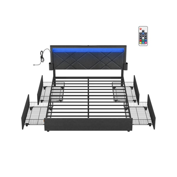 SONGMICS dobbeltseng 160 x 200 cm med LED og 4 skuffer og opladestation