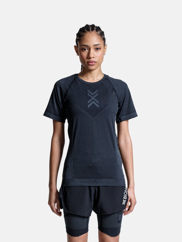 X-Bionic Xceed Run Shirt för kvinnor - Teknisk löpartröja med korta ärmar i svart/grå, optimal prestanda i storlek L