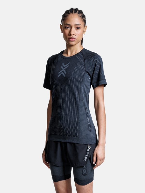 X-Bionic Xceed Run Shirt för kvinnor - Teknisk löpartröja med korta ärmar i svart/grå, optimal prestanda i storlek M