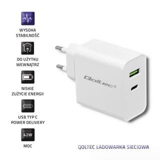 Qoltec 45W väggladdare | 5-20V | 2.4-3A | USB Typ C PD | USB | Vit