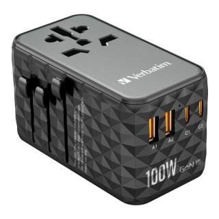 Verbatim UTA-06 GaN III Global Rejseadapter 2xUSB-C PD QC 4+ 100W, 2xUSB-A QC 3.0 18W