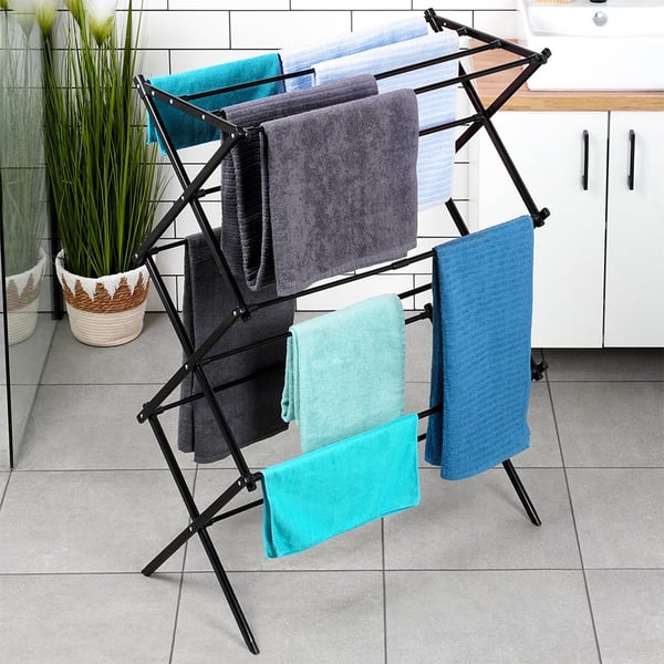 Musta metallinen pystysuora jatkettava pyykkiteline 44,5-75x37,5x105 cm