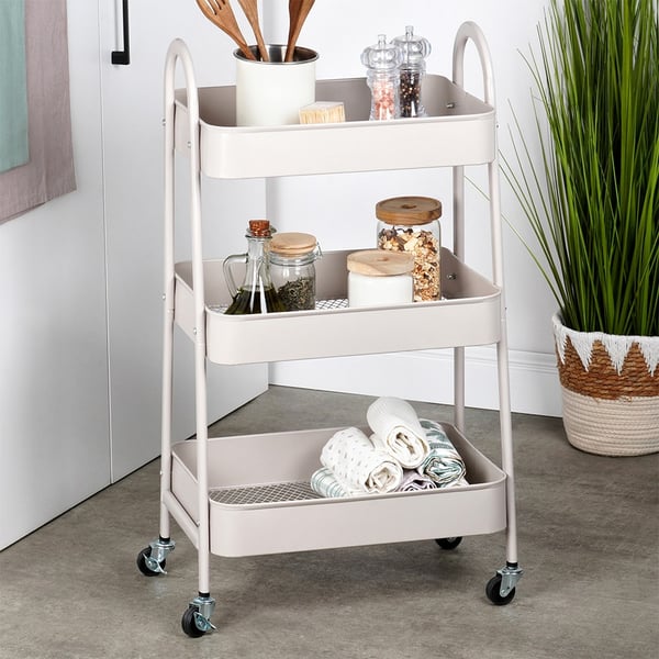Reol på hjul metal beige 3-niveauer 44x31,5x78,5 cm