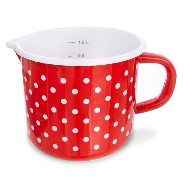 Emaljerad mugg med märkning röd prickig TECKA 1,2 l