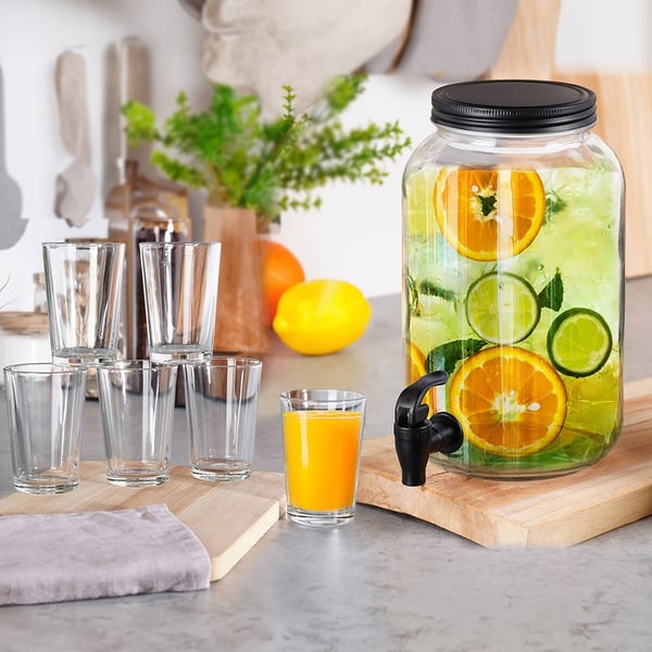 Lasinen juomatankki hanalla 3,2 l + lasit 12 kpl 200 ml