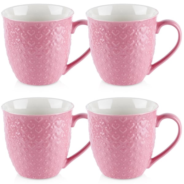 Keramisk mugg med handtag för att dricka kaffe, te och drycker, rosa koppset, 580 ml, 4 st.