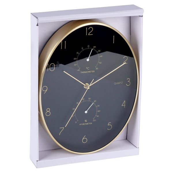 Vægur sort og guld med termometer og hygrometer 27x34,5 cm