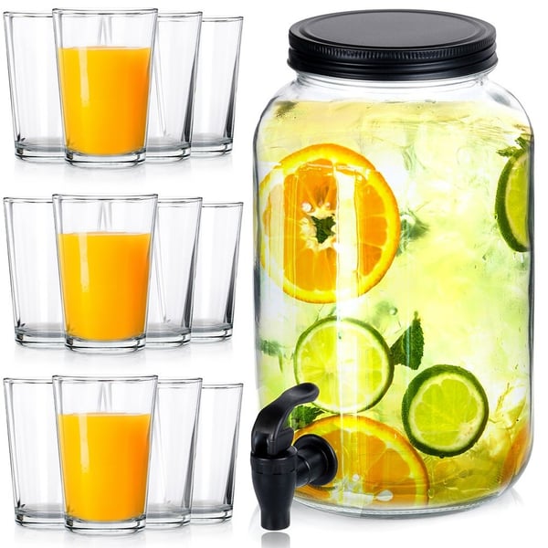 Lasinen juomatankki hanalla 3,2 l + lasit 12 kpl 200 ml