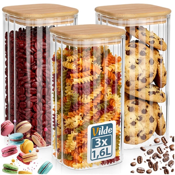 Glasbeholdere til løse produkter med låg og forsegling 1,6 l 3 stk.