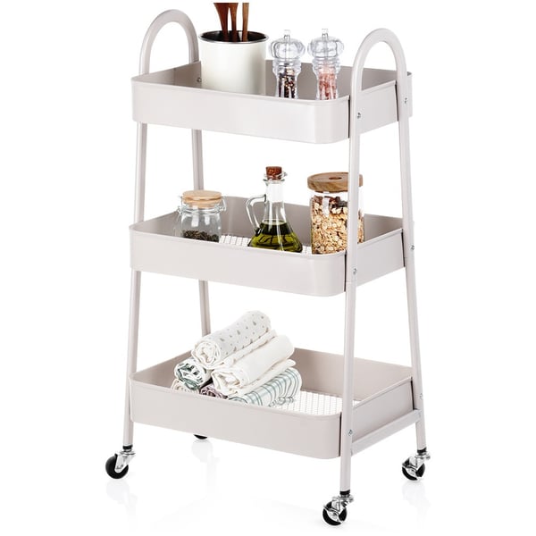 Reol på hjul metal beige 3-niveauer 44x31,5x78,5 cm