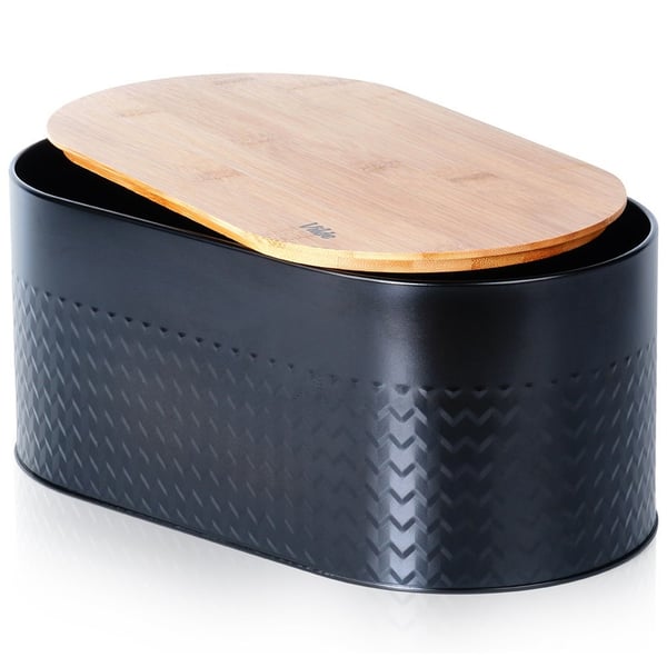 Svart stålbrödbox med träplatta 34x18,5x15,5 cm