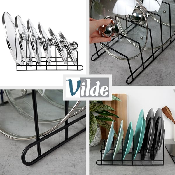Sort metalholder til låg og tallerkener