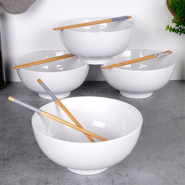 Ramen skål med spisepinde porcelæn hvid 20 cm 1,6 l 4 stk.