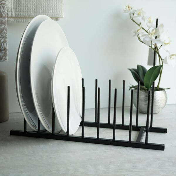 Stativ til låg og tallerkener metal sort 34,5x12,5x12 cm