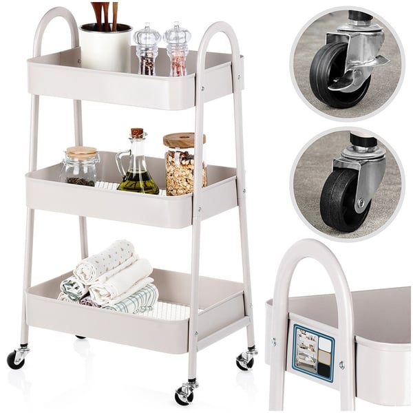 Reol på hjul metal beige 3-niveauer 44x31,5x78,5 cm