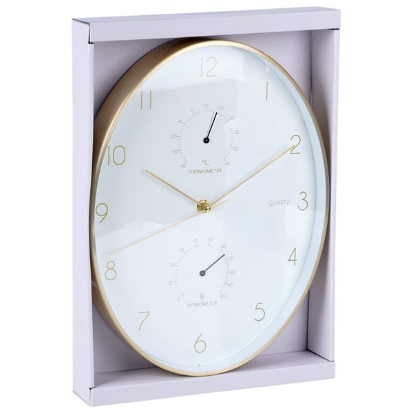 Vægur hvid og guld med termometer og hygrometer 27x34,5 cm
