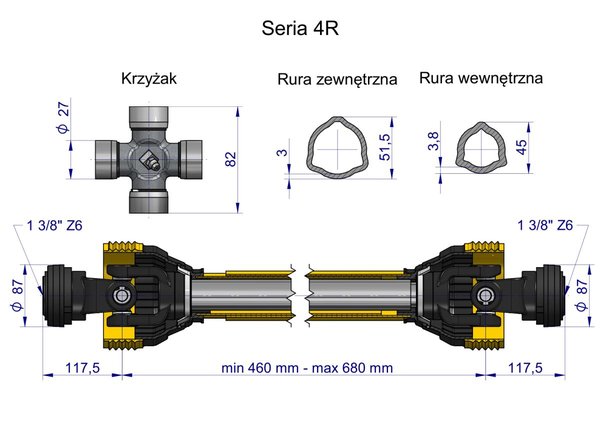 Waryńskin nivelletty teleskooppiakseli sarja 4R 460-680 mm 540 Nm CE 2020