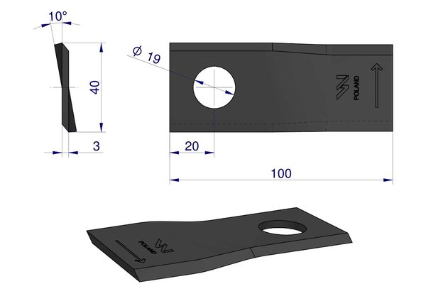 Vasen leikkurin terä WARYŃSKI 100x40x3 mm reikä 19 sovellus 580290966 BCS Sipma 25 kpl
