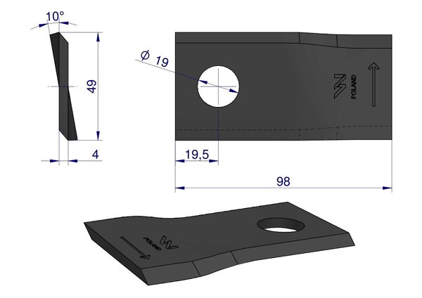 Venstre plæneklipperkniv Waryński 98x48x4 mm hul 19 anvendelse 153171311 SIP 25 stk.