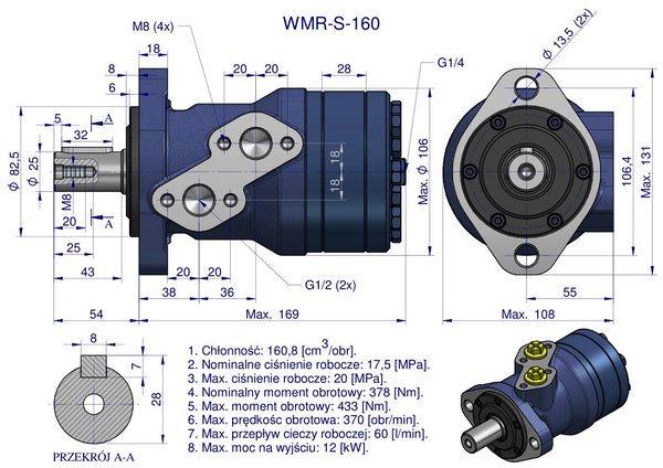 Waryński WMR-S ​​​​vahvistettu orbitaalihydraulimoottori 160 cm3/kierros (175 bar / max. 220 bar)