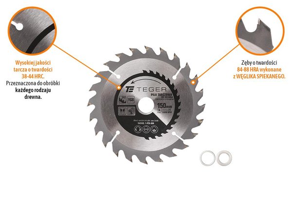 Teger 150x20 mm 24T kovametallikärkinen sahanterä puulle, vanerille, MDF:lle, ATB:lle, 1,4/2,2 mm, 10 000 rpm