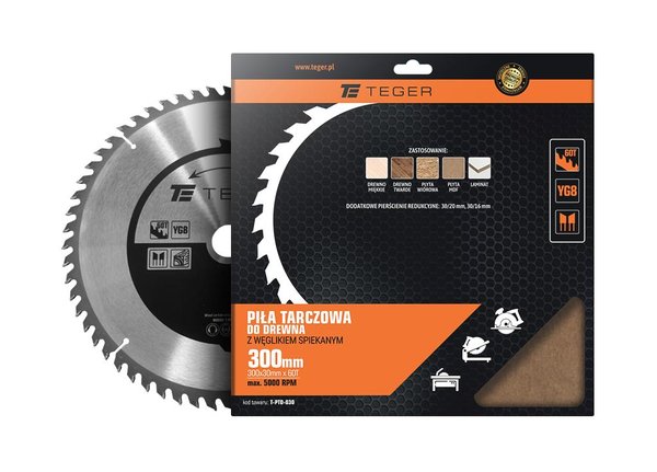 Teger-sahanterä 300x30 mm 60T sintratulla kovametallilla puulle, MDF:lle, laminaattilevyille, ATB 1,8 mm max 5000 rpm