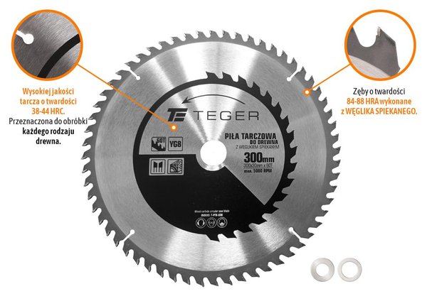 Teger-sahanterä 300x30 mm 60T sintratulla kovametallilla puulle, MDF:lle, laminaattilevyille, ATB 1,8 mm max 5000 rpm
