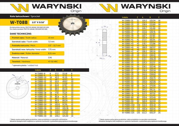 Karkaistu hammaspyörälevy Waryński 08B-1 (R1 1/2) Z-13