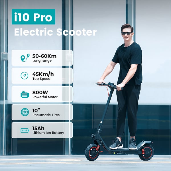 iScooter i10 Pro -sähköpotkulauta, 15 Ah:n akku, 800 W:n moottori, huippunopeus 45 km/h, toimintamatka 50–60 km, 10 tuuman ilmarenkaat, kaksoisjousitus
