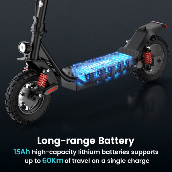 iScooter i10 Pro -sähköpotkulauta, 15 Ah:n akku, 800 W:n moottori, huippunopeus 45 km/h, toimintamatka 50–60 km, 10 tuuman ilmarenkaat, kaksoisjousitus