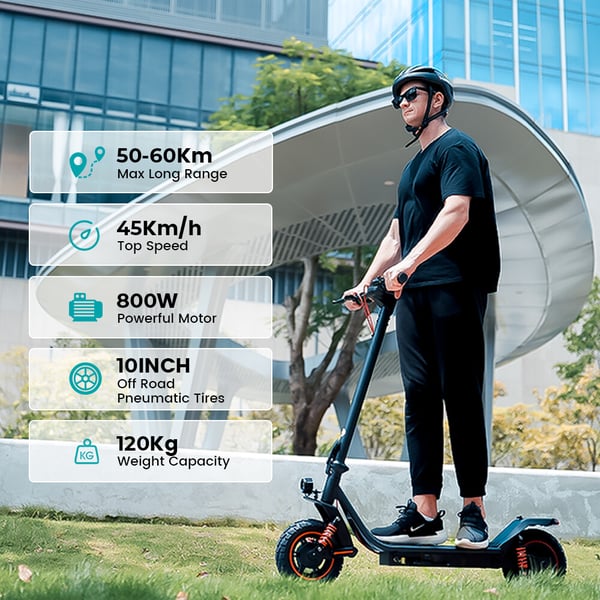 iScooter i10 Pro -sähköpotkulauta, 800 W:n moottori, 15 Ah:n akku, huippunopeus 45 km/h, toimintamatka 50–60 km, 10 tuuman ilmarenkaat, kaksoisjousitus