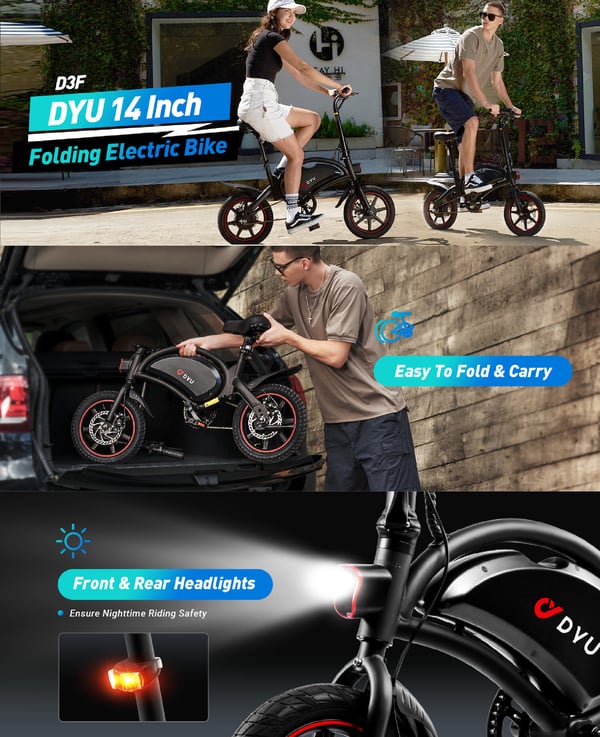 2026 Ny DYU D3F elcykel, 14-tums däck, 36V 10AH batteri, 250W motor, räckvidd 55 km, svart