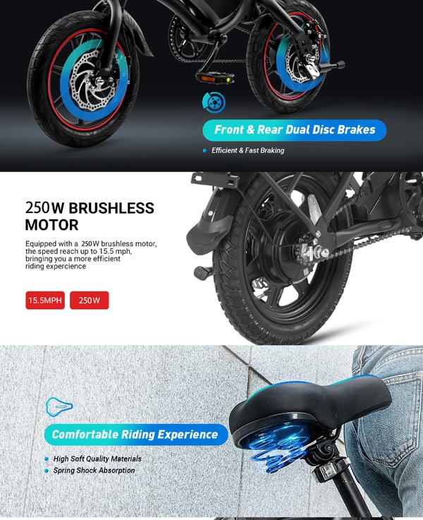 elcykel DYU D3F, 14-tums däck, 250W motor, 36V 10AH batteri, elcykel DYU D3F, 250W motor, 36V 10AH batteri, räckvidd 55 km