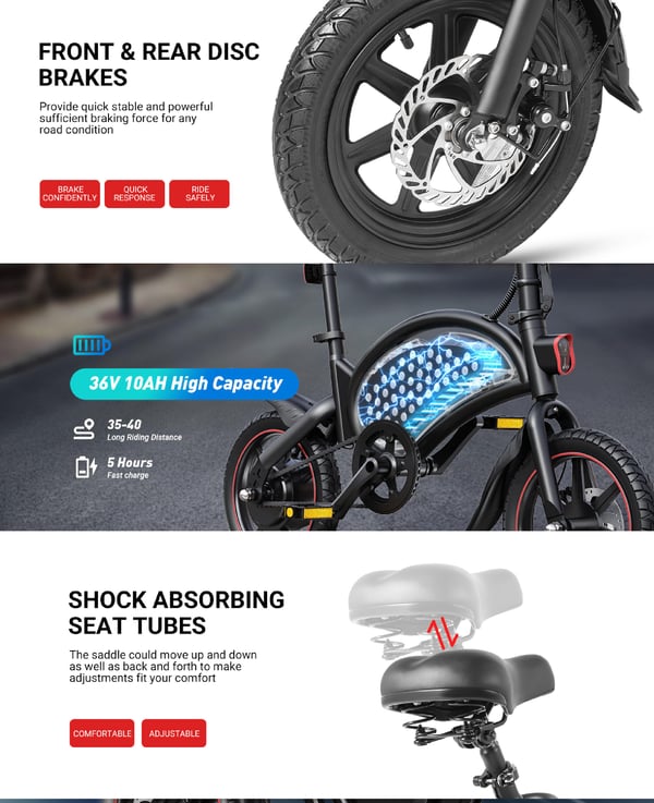 elcykel DYU D3F, 14-tums däck, 250W motor, 36V 10AH batteri, elcykel DYU D3F, 250W motor, 36V 10AH batteri, räckvidd 55 km
