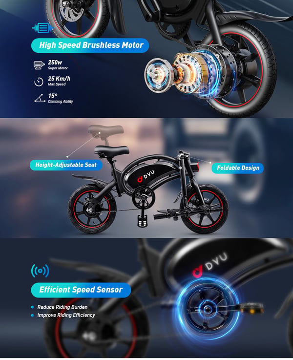 elcykel DYU D3F, 14-tums däck, 250W motor, 36V 10AH batteri, elcykel DYU D3F, 250W motor, 36V 10AH batteri, räckvidd 55 km