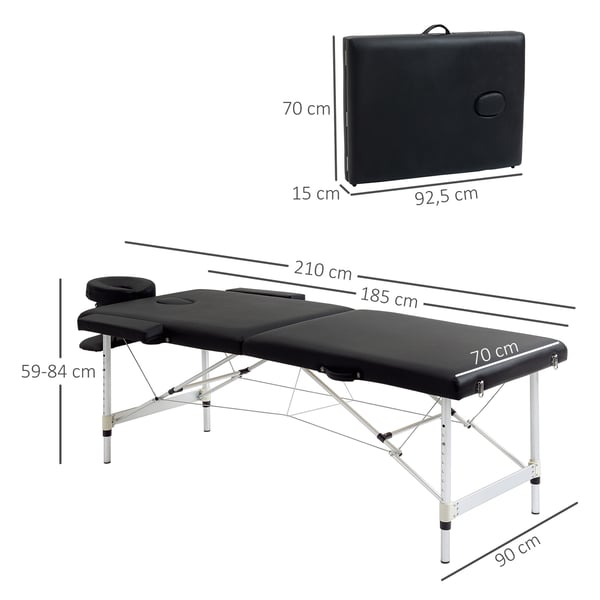 Massagebord, 2 zoner, 210x90x59-84 cm, Sort, Kunstlæder