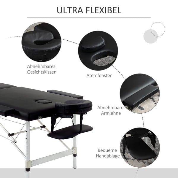 Massagebord, 2 zoner, 210x90x59-84 cm, Sort, Kunstlæder