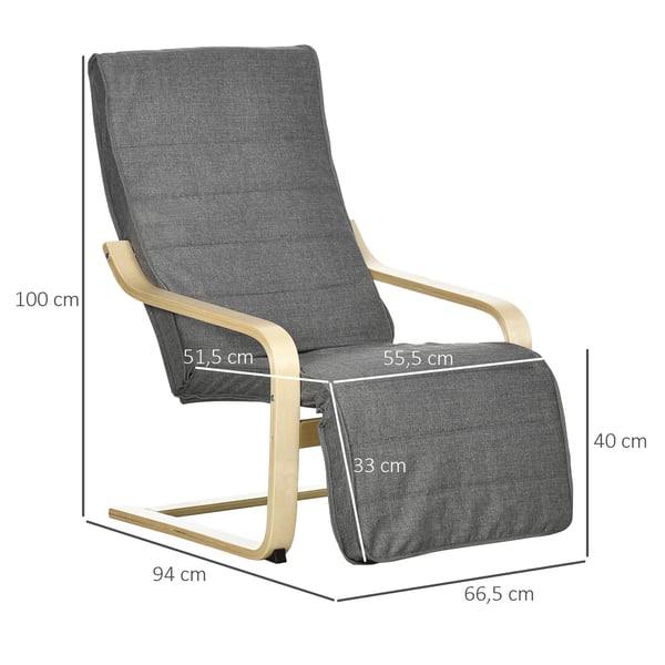 Loungefåtölj, Justerbart fotstöd, 66.5x94x100 cm, Grå, Björk