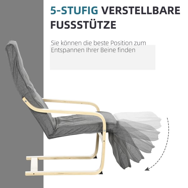 Loungefåtölj, Justerbart fotstöd, 66.5x94x100 cm, Grå, Björk
