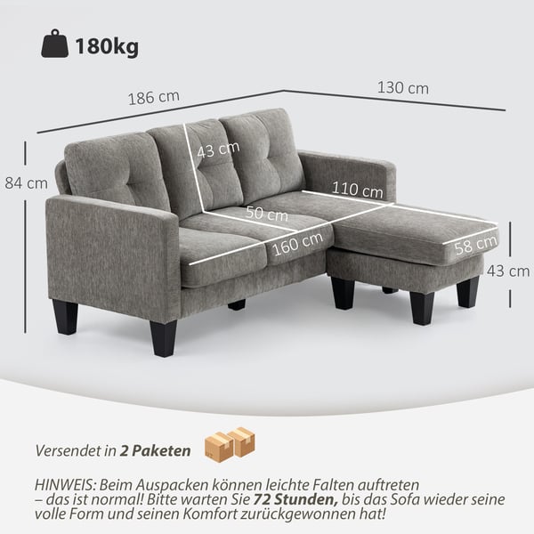 Hjørnesofa, 186x130x84 cm, Brun, Stof