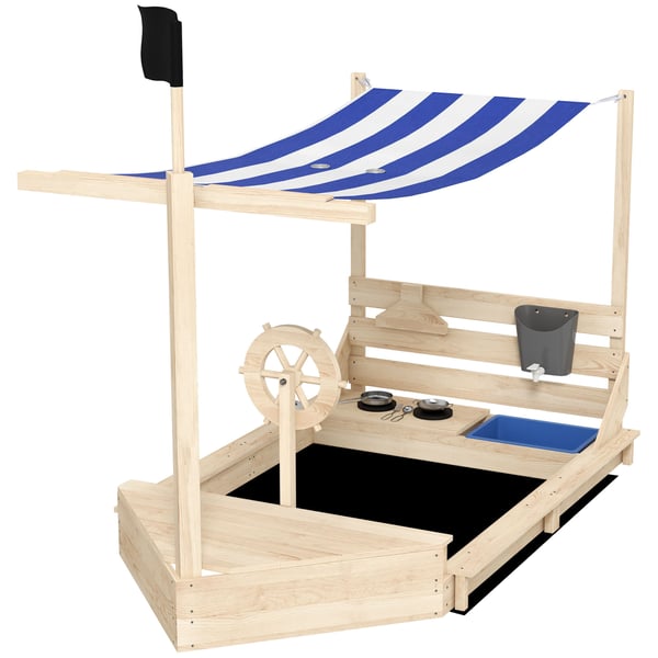 Sandkasse, Piratskib med solsejl og legekøkken, 180x103x144,5 cm, Natur, Træ
