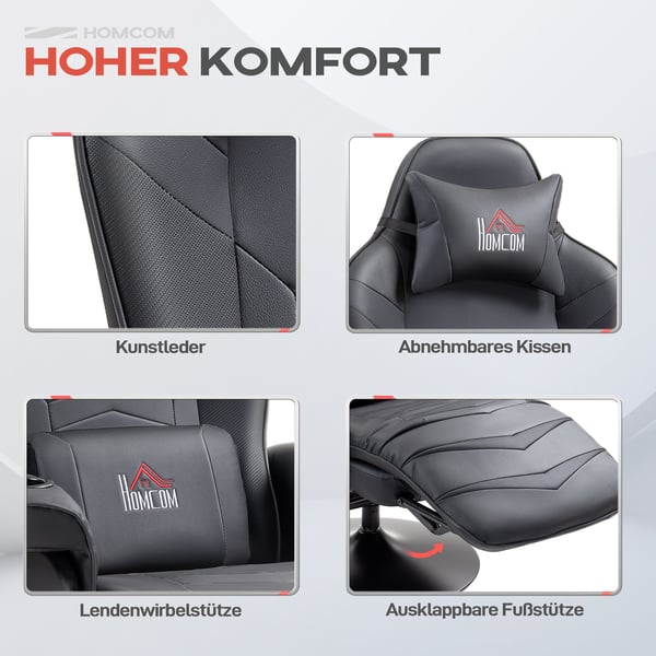 Gamingstol, Massagefunktion, Fällbart ryggstöd, Fotstöd, 79,5x82,5x111,5 cm, Svart, Konstläder