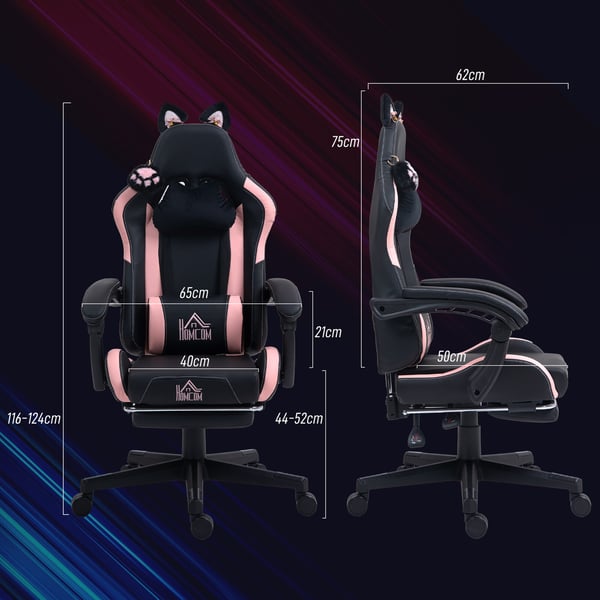 Gamingstol, 65x62x116-124 cm, Pink/Sort, Kunstlæder