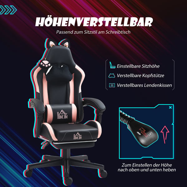 Gamingstol, 65x62x116-124 cm, Pink/Sort, Kunstlæder