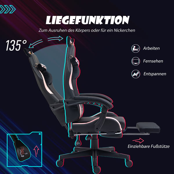 Gamingstol, 65x62x116-124 cm, Pink/Sort, Kunstlæder