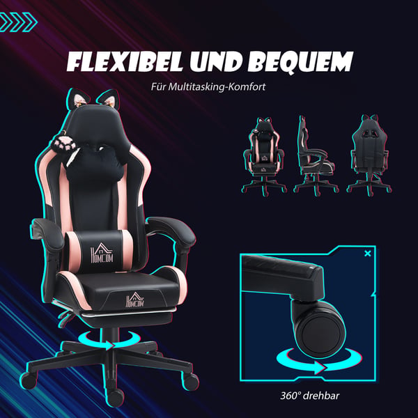 Gamingstol, 65x62x116-124 cm, Pink/Sort, Kunstlæder